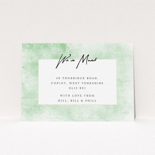 A new home card named "Rustic Greens". It is an A5 card in a landscape orientation. "Rustic Greens" is available as a flat card, with tones of green and white.