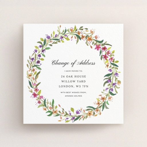 New Home Card Design - "Summer Florals" A new home card design called "Summer Florals". It is a square (148mm x 148mm) card in a square orientation. "Summer Florals" is available as a flat card, with tones of light green and orange.