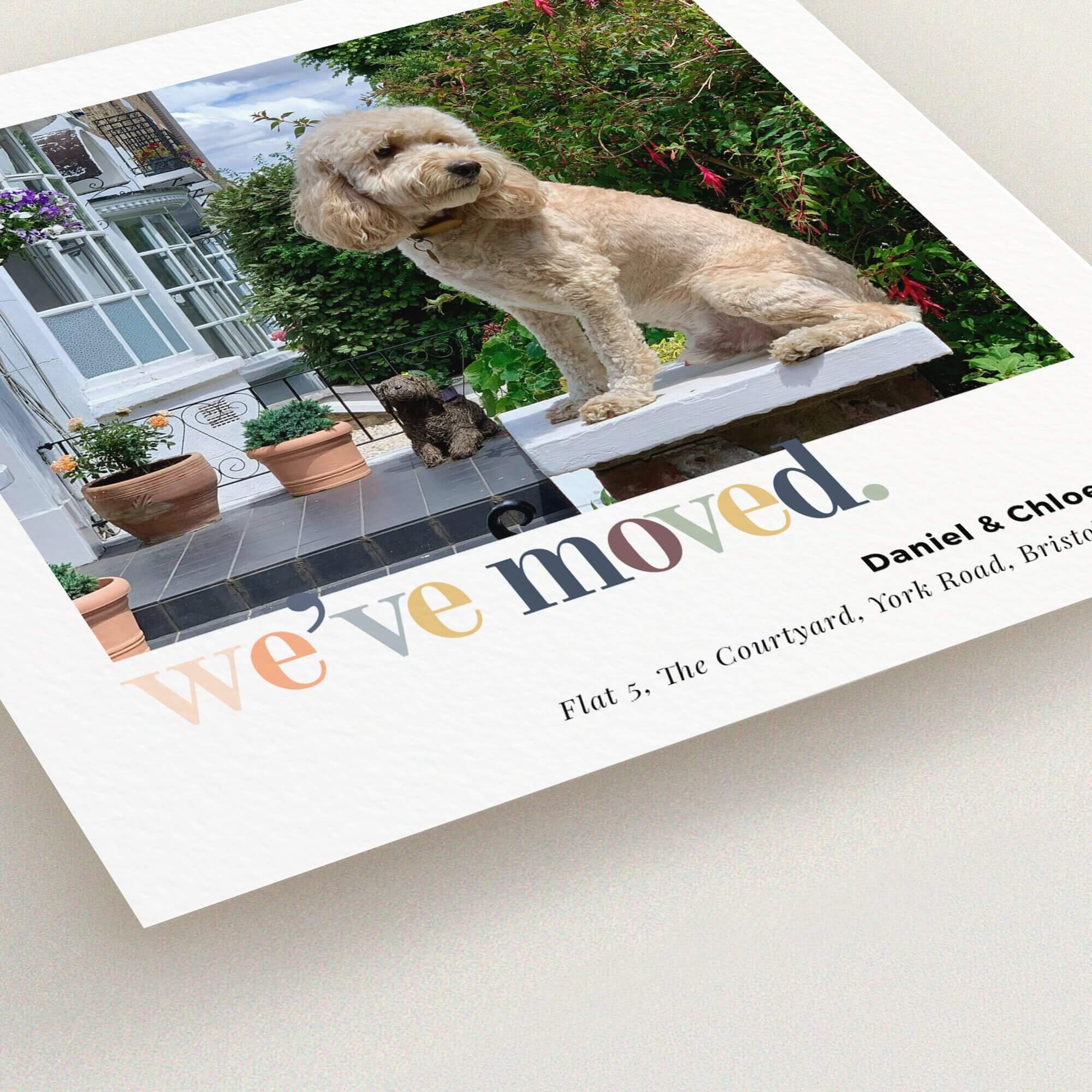 Change of address card featuring a dog photo and garden scene.