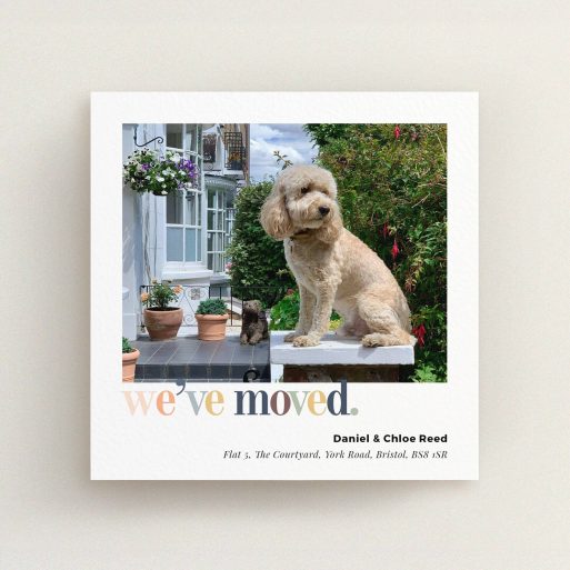 Personalised Address Change Card Change of address card featuring a dog photo and garden scene.