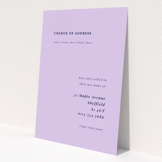 Purple minimalist change of address card with no photos featuring new address details