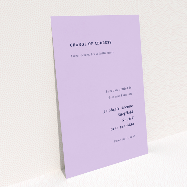 Purple minimalist change of address card with no photos featuring new address details