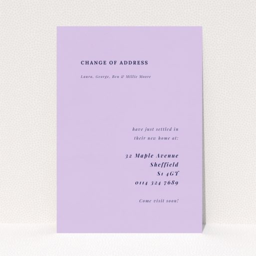 Purple minimalist change of address card with no photos featuring new address details