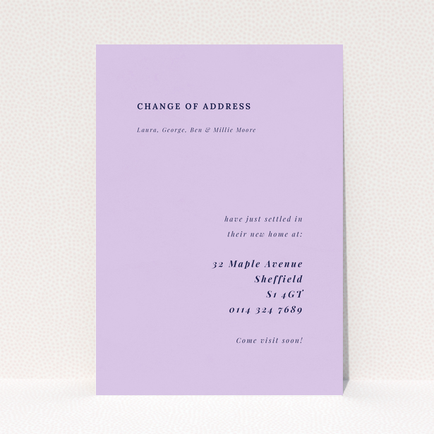 Purple minimalist change of address card with no photos featuring new address details