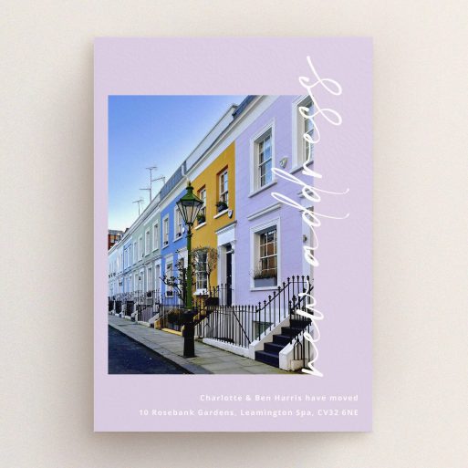 Stylish Address Change Card Change of address card design featuring colourful houses on a street with one photo.