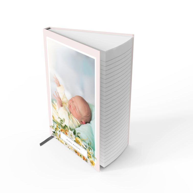 Floral-themed portrait notebook cover design featuring one photo.