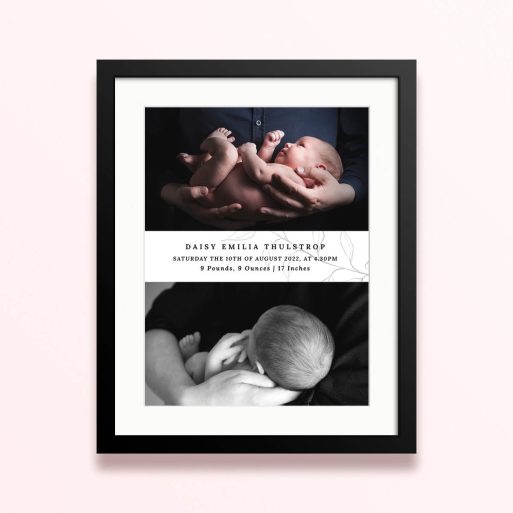 Framed and mounted photo print design featuring one photograph of a newborn baby.