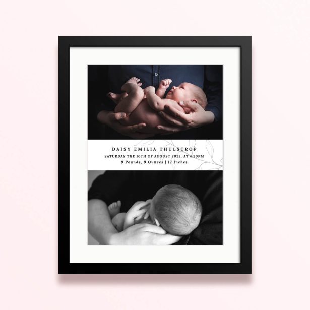 Framed and mounted photo print design featuring one photograph of a newborn baby.
