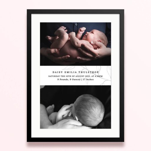Framed and mounted photo print design featuring one photograph of a newborn baby.
