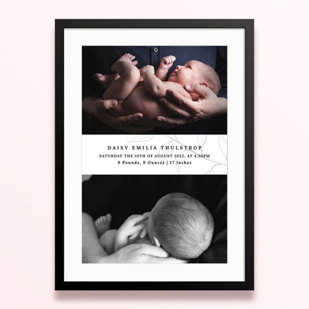 Framed and mounted photo print design featuring one photograph of a newborn baby.