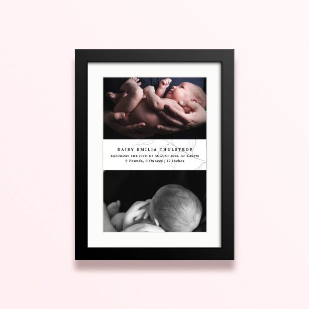 Framed and mounted photo print design featuring one photograph of a newborn baby.