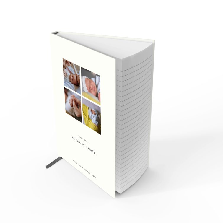 Portrait orientation personalised notebook design with four photos on the cover by Utterly Printable