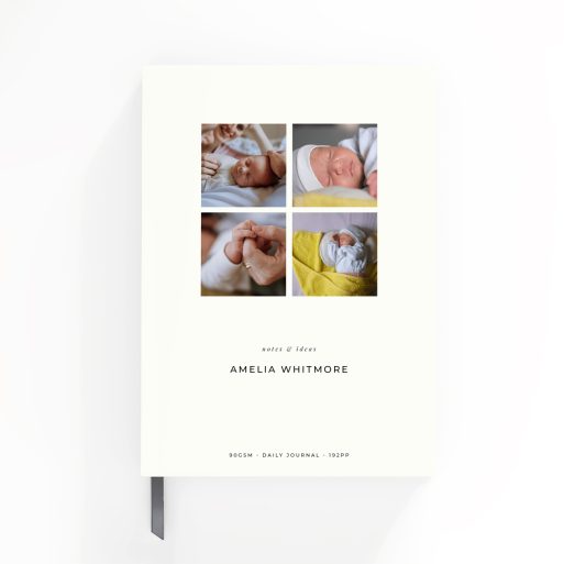 Portrait orientation personalised notebook design with four photos on the cover by Utterly Printable