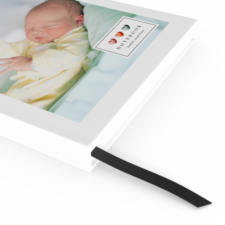 Personalised portrait notebook cover design with one photo of a baby, suitable for custom gift ideas by Utterly Printable.