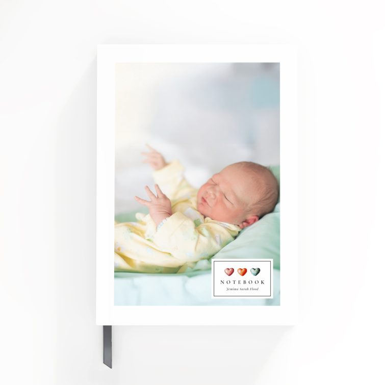 Personalised portrait notebook cover design with one photo of a baby, suitable for custom gift ideas by Utterly Printable.