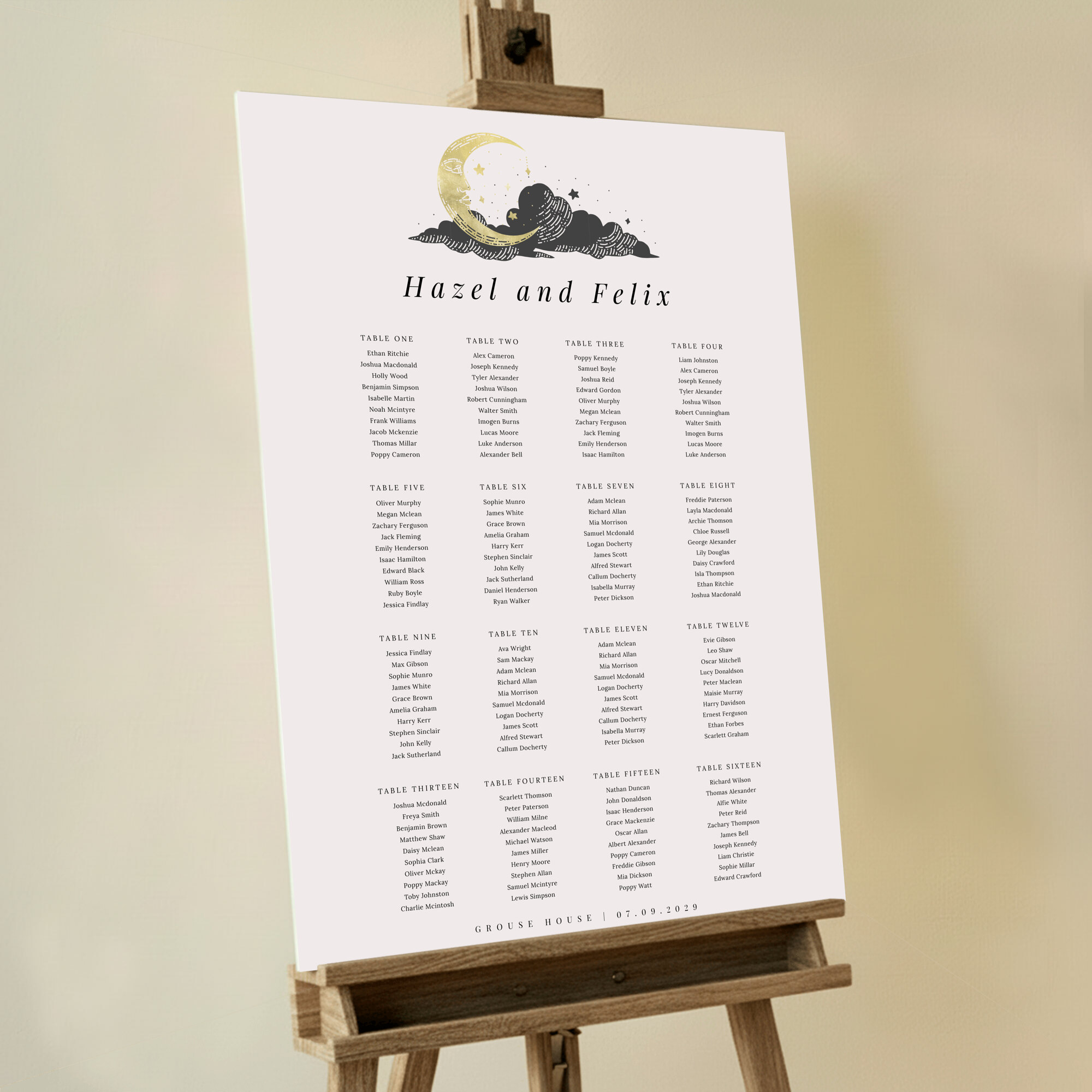 Elegant seating plan design named 'Nightfall Elegance' featuring a moody, dark cream background with a gold and dark grey moon and cloud motif at the top of the board, perfect for an evening wedding party.. This template shows 16 tables.