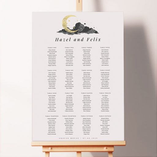 Elegant seating plan design named "Nightfall Elegance" featuring a moody, dark cream background with a gold and dark grey moon and cloud motif at the top of the board, perfect for an evening wedding party.. This template shows 16 tables.
