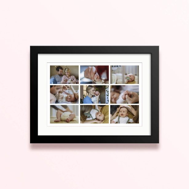 Framed and mounted photo print featuring nine baby photos.