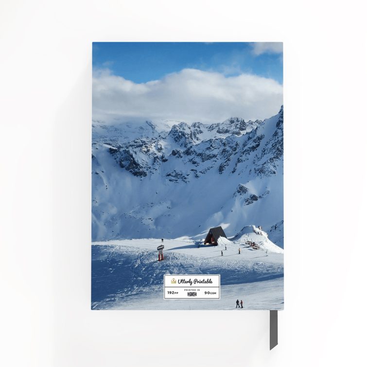 Snowy mountain landscape design for personalised notebooks with 1 photo featuring winter scenery.