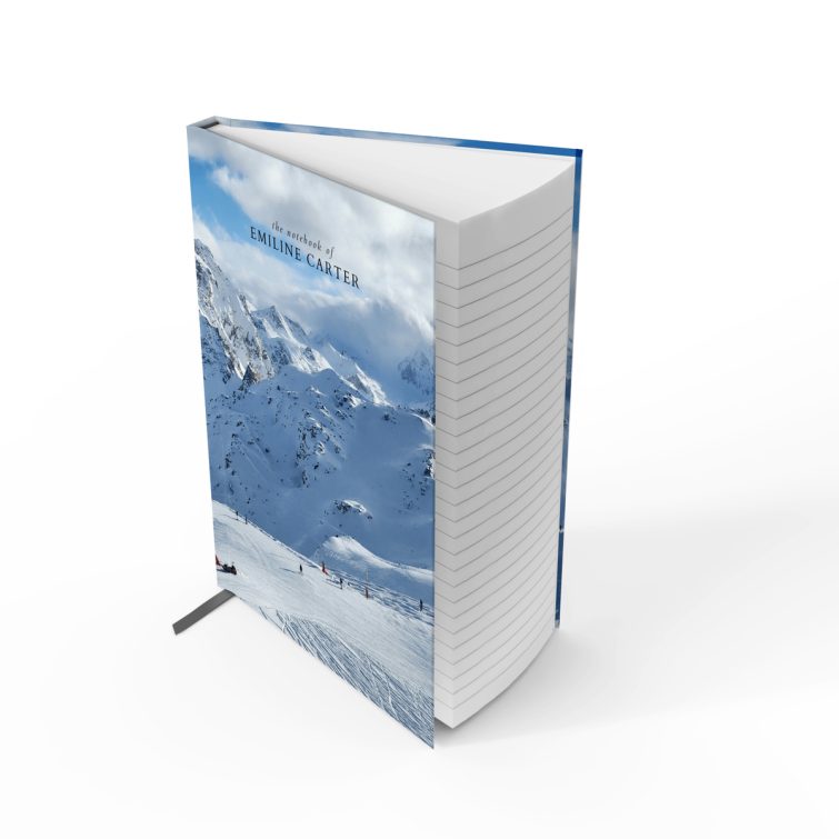 Snowy mountain landscape design for personalised notebooks with 1 photo featuring winter scenery.