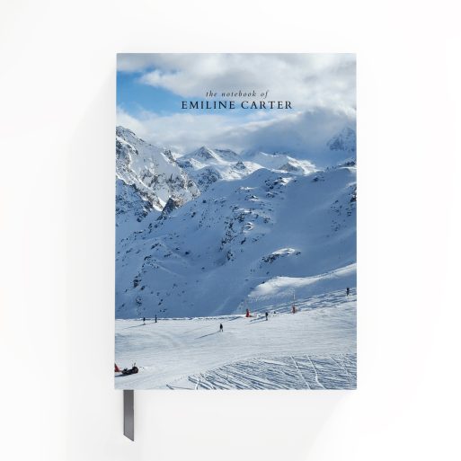 Snowy mountain landscape design for personalised notebooks with 1 photo featuring winter scenery.