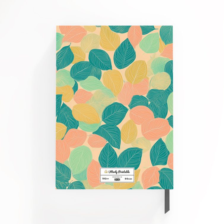 Colourful leaf-patterned notebook design with one photo placeholder and personalised name by Utterly Printable.