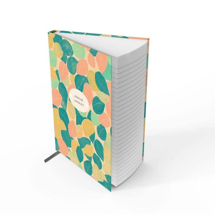 Colourful leaf-patterned notebook design with one photo placeholder and personalised name by Utterly Printable.