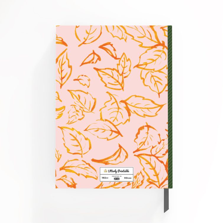 Floral leaf patterned notebooks design with one photo placeholder, featuring a pink and orange artistic theme for personalised stationery products.