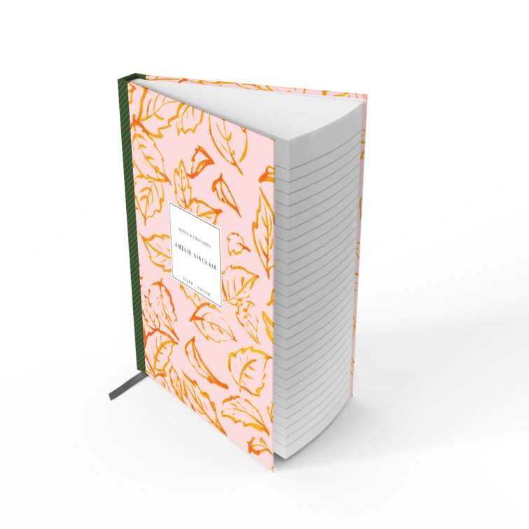 Floral leaf patterned notebooks design with one photo placeholder, featuring a pink and orange artistic theme for personalised stationery products.