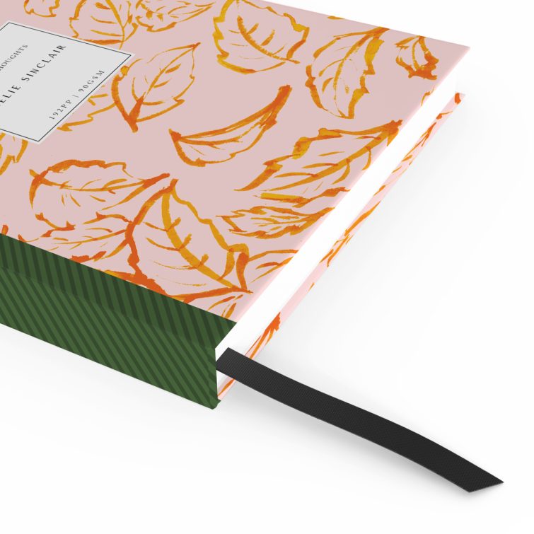 Floral leaf patterned notebooks design with one photo placeholder, featuring a pink and orange artistic theme for personalised stationery products.