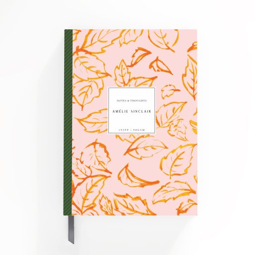 Floral leaf patterned notebooks design with one photo placeholder, featuring a pink and orange artistic theme for personalised stationery products.