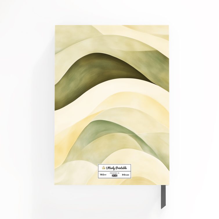 Customisable portrait notebook design with one photo on the cover, featuring an abstract green and yellow wave background.