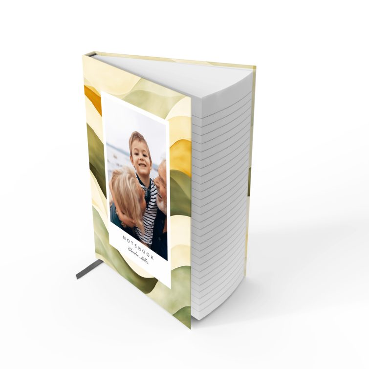 Customisable portrait notebook design with one photo on the cover, featuring an abstract green and yellow wave background.