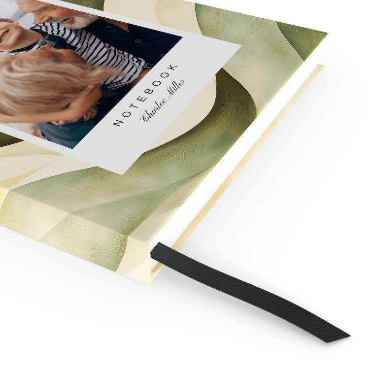 Customisable portrait notebook design with one photo on the cover, featuring an abstract green and yellow wave background.