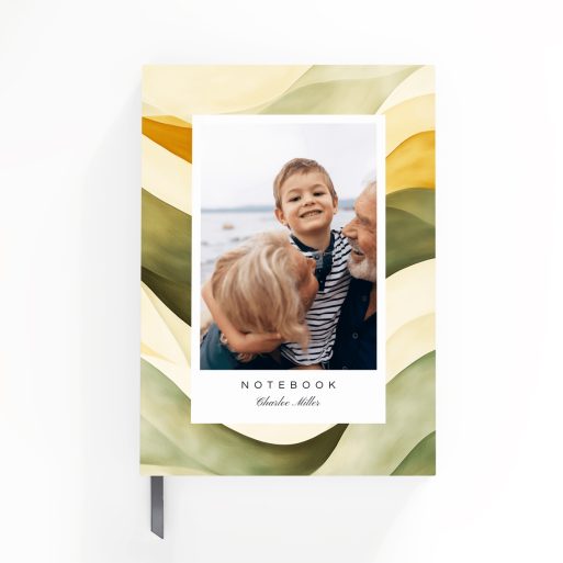 Customisable portrait notebook design with one photo on the cover, featuring an abstract green and yellow wave background.