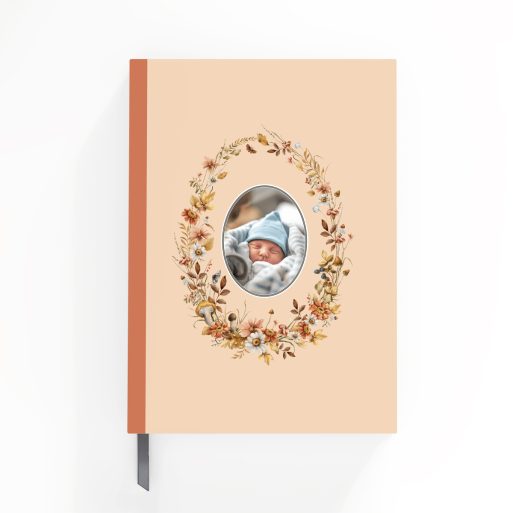 Floral pattern custom notebook cover design with one photo placeholder in a portrait orientation from Utterly Printable.