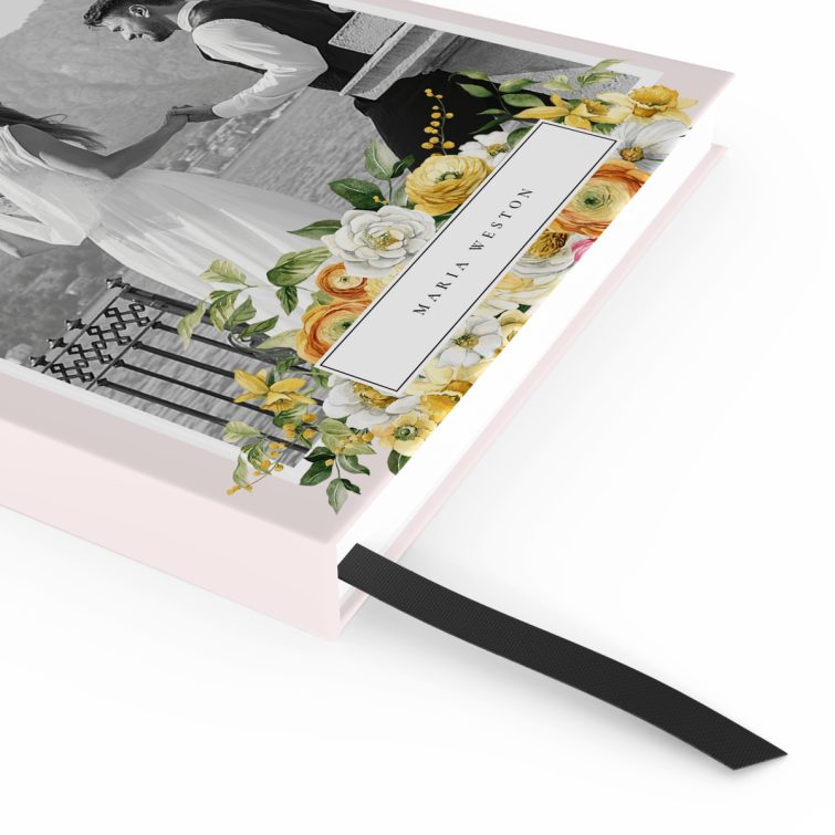 Floral wedding notebook design with one black and white photo on the cover, featuring a pastel pink background.