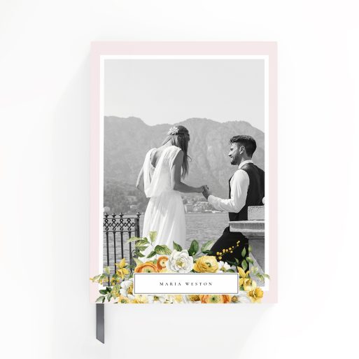 Floral wedding notebook design with one black and white photo on the cover, featuring a pastel pink background.