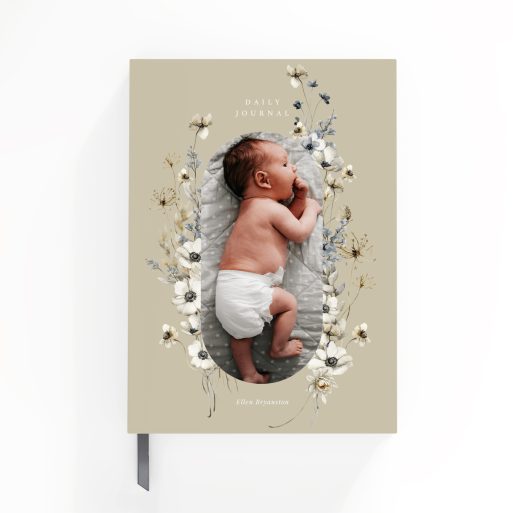 Floral baby-themed portrait notebook design with one photo on front cover.