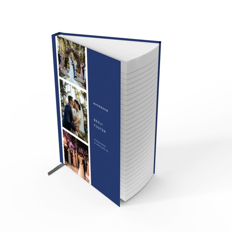 Elegant personalised wedding notebook design featuring two photos on the cover spread.