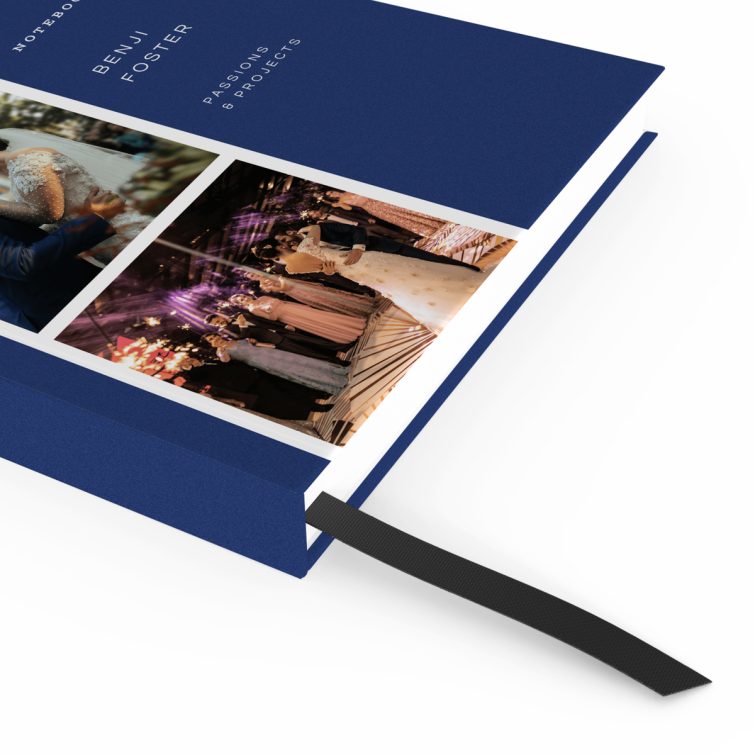 Elegant personalised wedding notebook design featuring two photos on the cover spread.