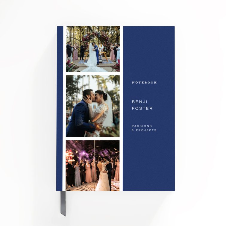 Elegant personalised wedding notebook design featuring two photos on the cover spread.