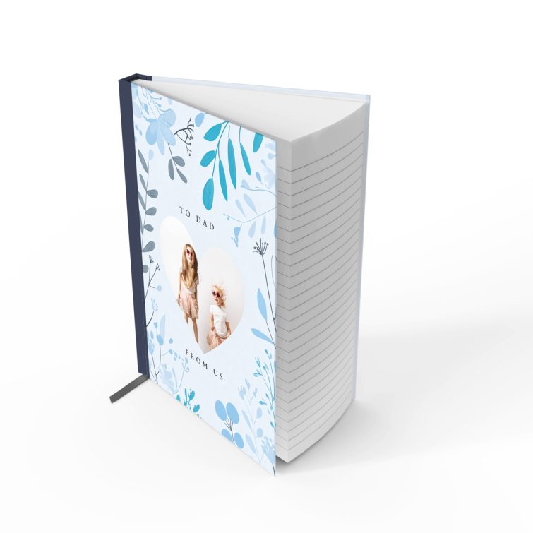 Personalised portrait notebook cover design with floral patterns and one heart-shaped photo slot.