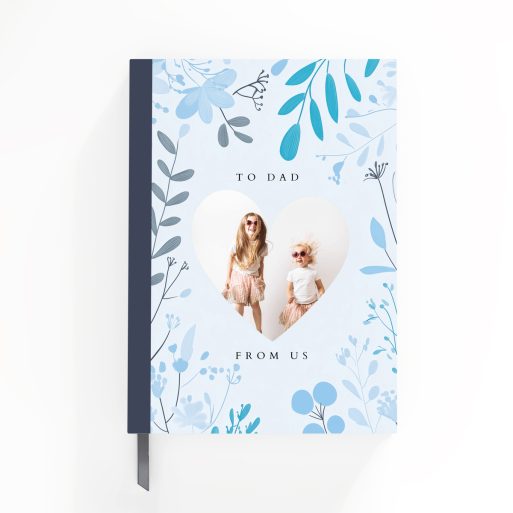 Personalised portrait notebook cover design with floral patterns and one heart-shaped photo slot.