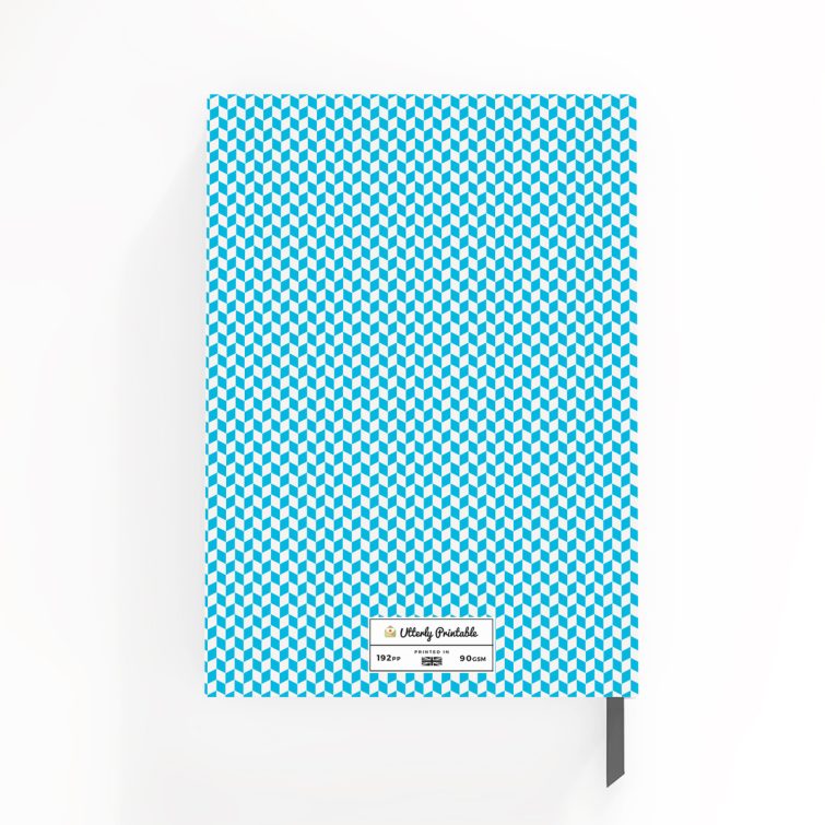 Blue geometric pattern notebook cover design with one photo placeholder from Utterly Printable.