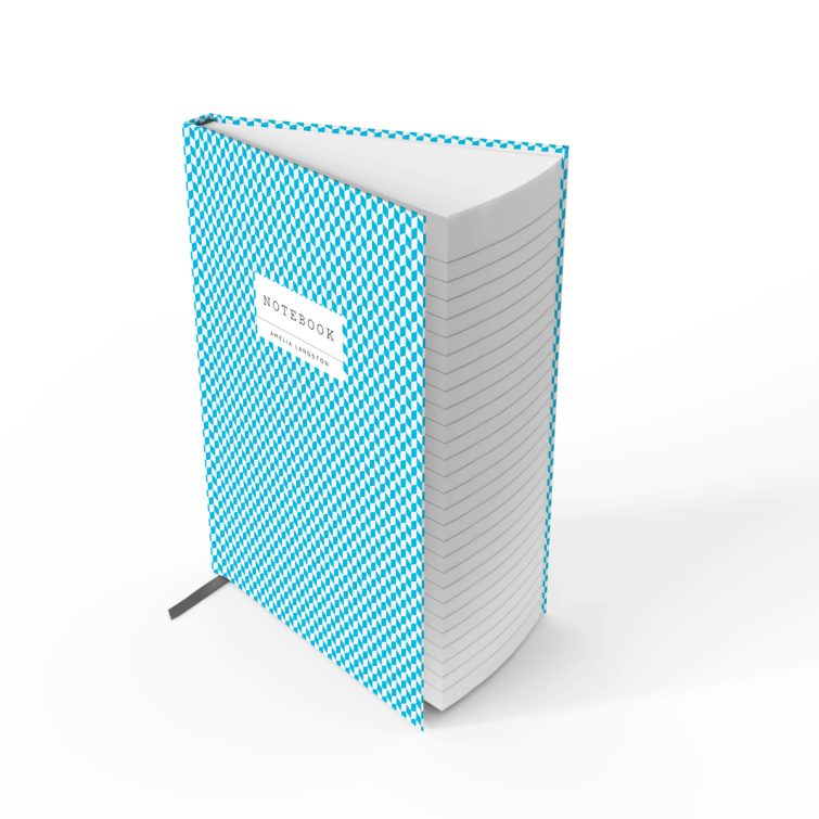 Blue geometric pattern notebook cover design with one photo placeholder from Utterly Printable.