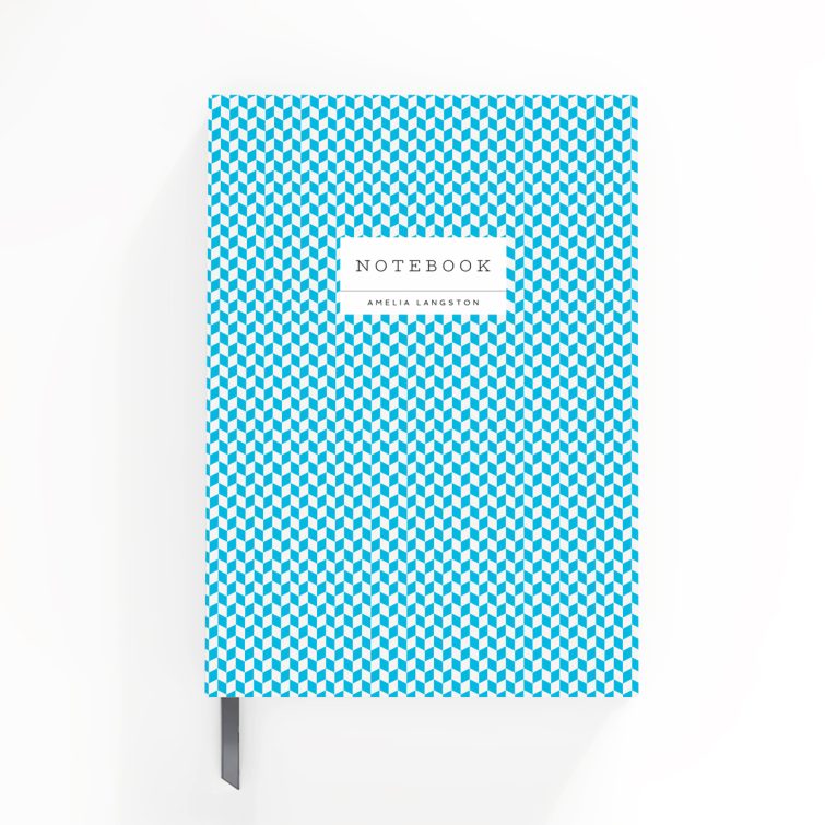 Blue geometric pattern notebook cover design with one photo placeholder from Utterly Printable.