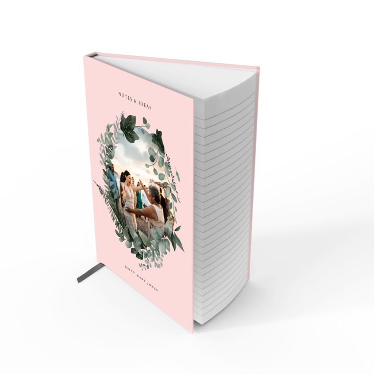 Pink floral cover design for personalised notebooks by Utterly Printable, featuring one photo slot