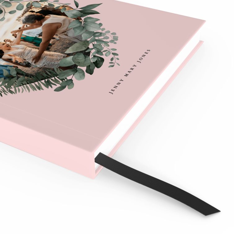 Pink floral cover design for personalised notebooks by Utterly Printable, featuring one photo slot