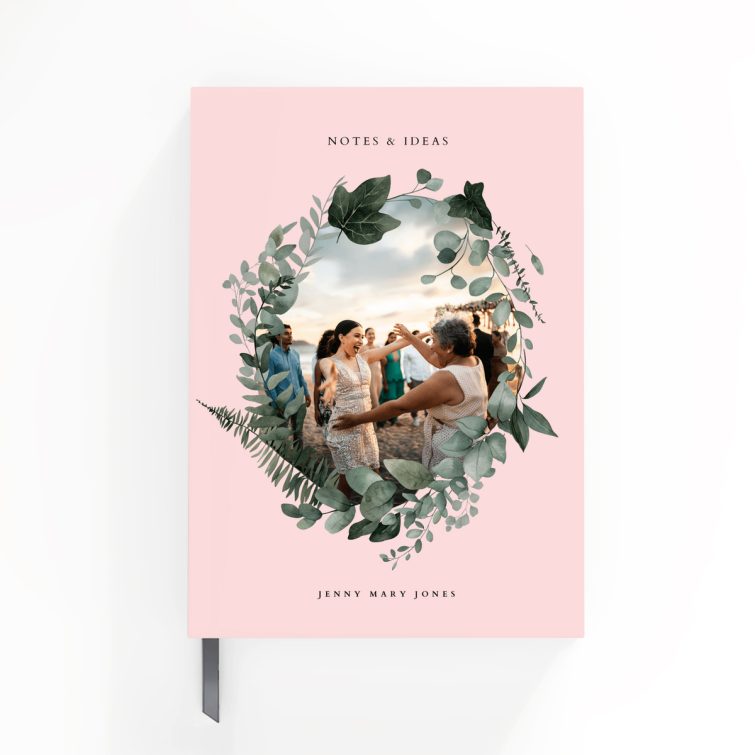 Pink floral cover design for personalised notebooks by Utterly Printable, featuring one photo slot